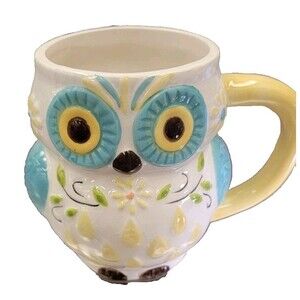 Boston Warehouse Trading Corp. Yellow Blue & White Owl Coffee Cup Mug Set Of 2